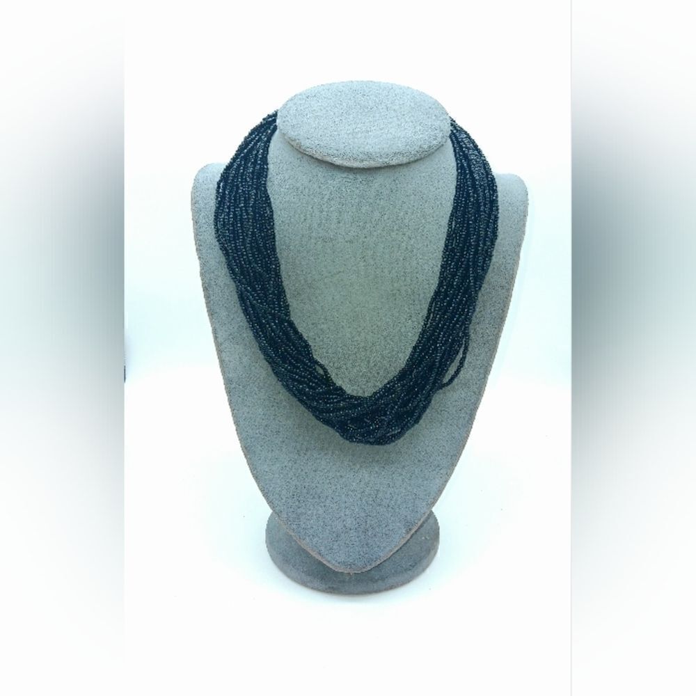 Glass Black Layered Sead Necklace Vintage Brass Clasp 